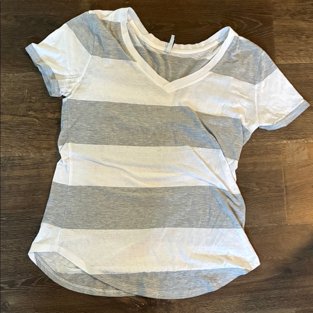 Z Supply Gray and White Striped V-Neck Tee